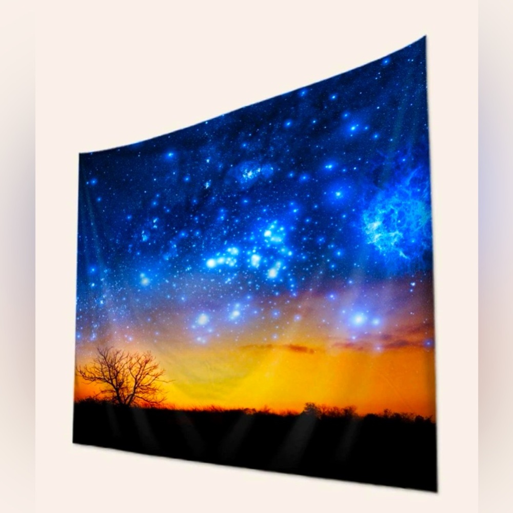 Starry night sunset tapestry poster wall hang decor - cute orange blue boho lit